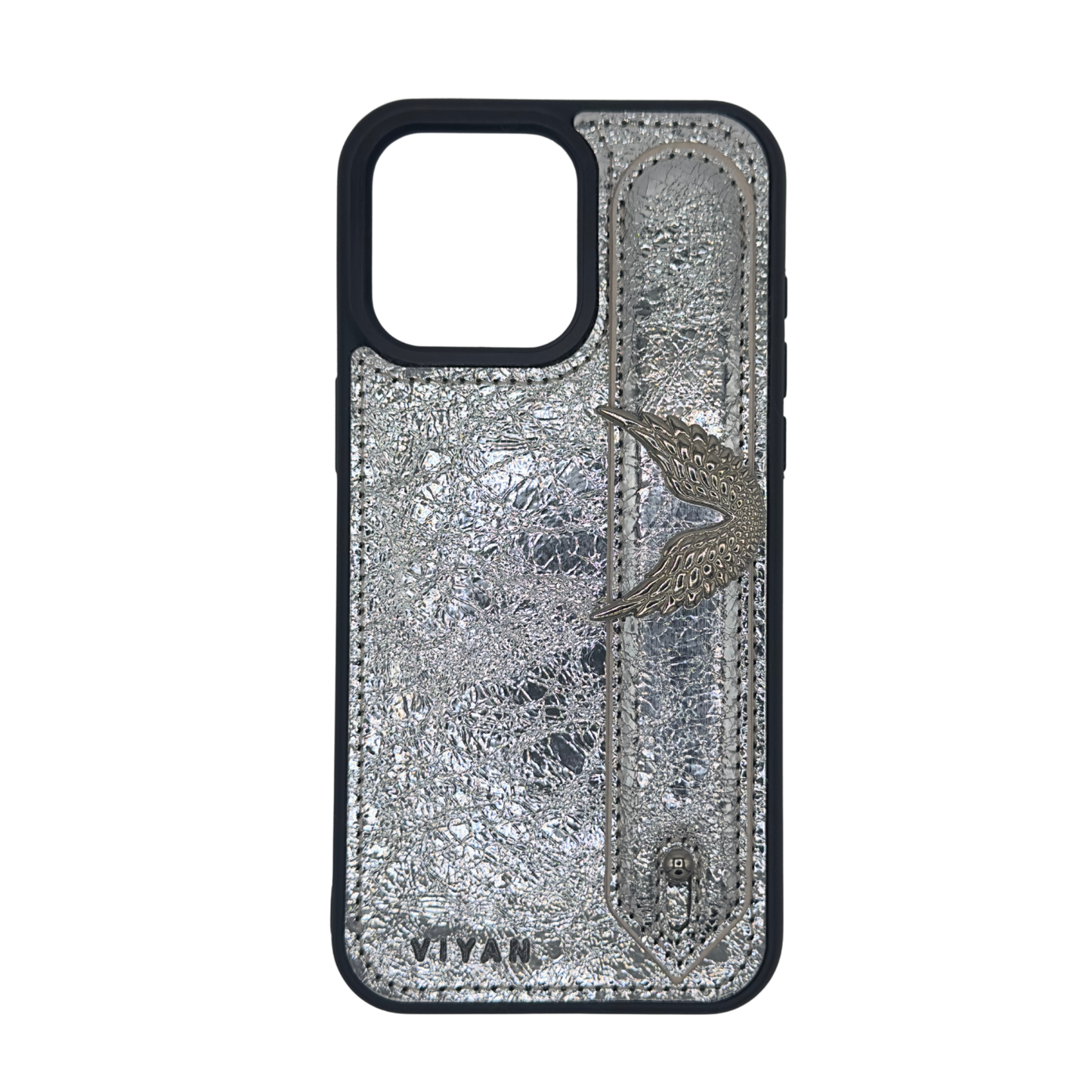 Silver-tone angel wing charm on a Silver VIYAN leather iPhone case, shown from the front #silver