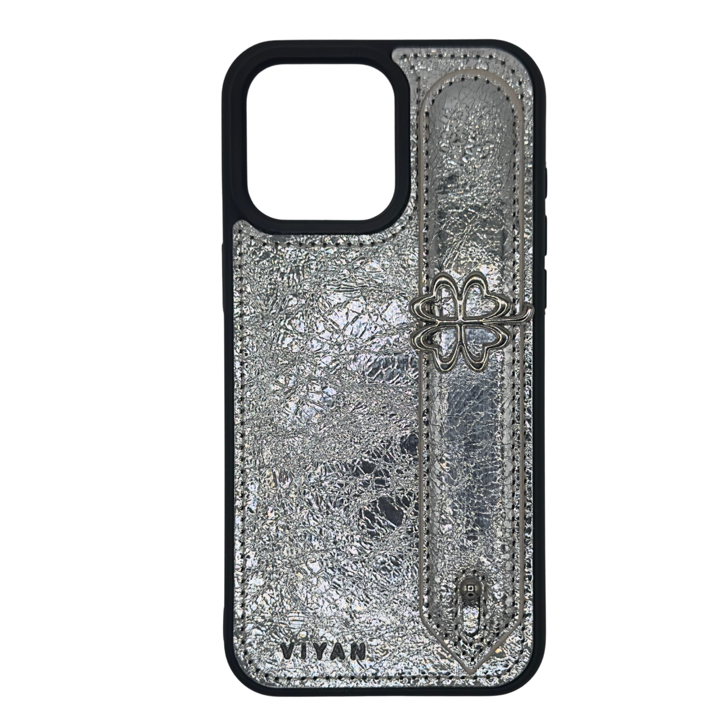 Silver-tone clover charm on a Silver VIYAN leather iPhone case, shown from the front #silver