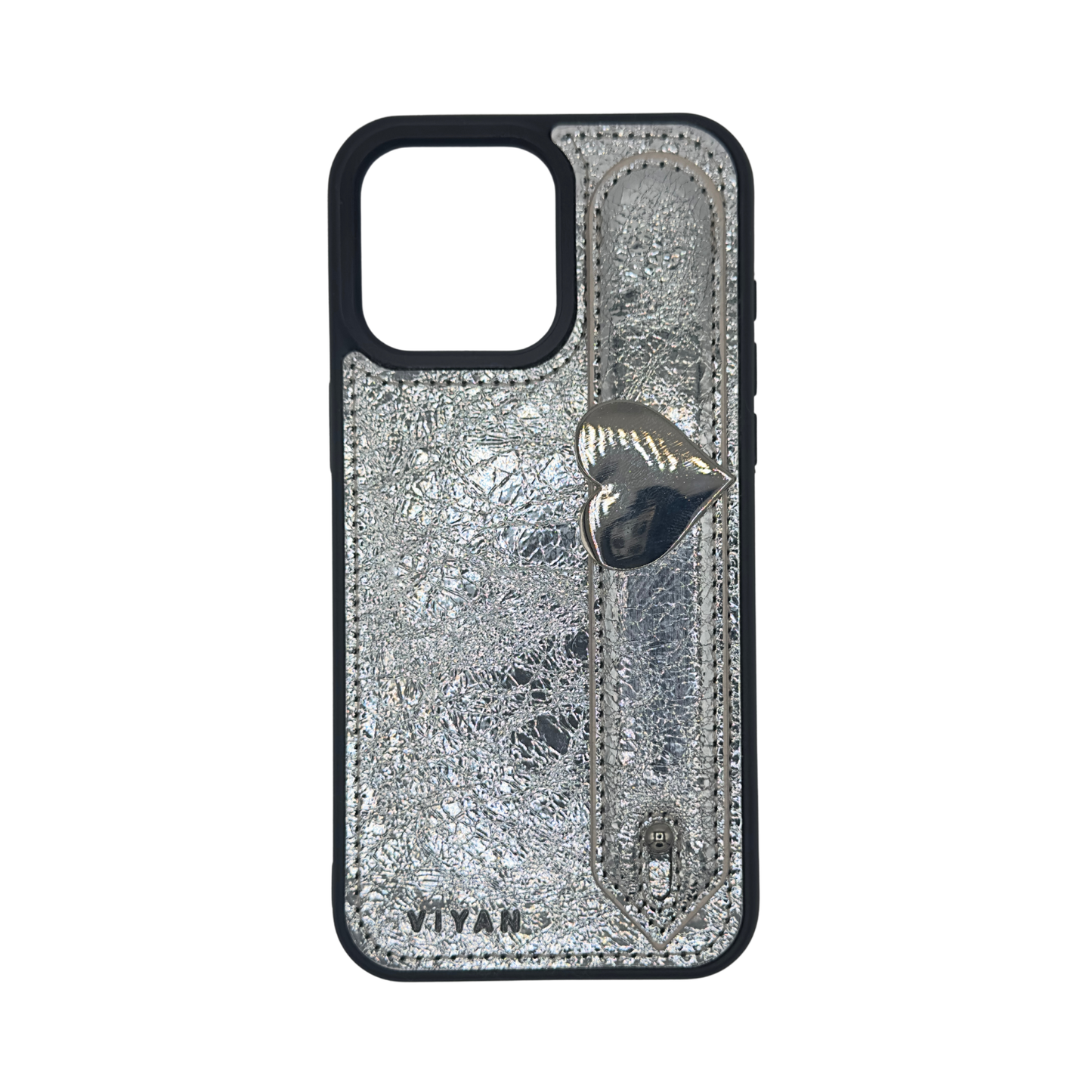Silver-tone heart charm on a Silver VIYAN leather iPhone case, shown from the front #silver