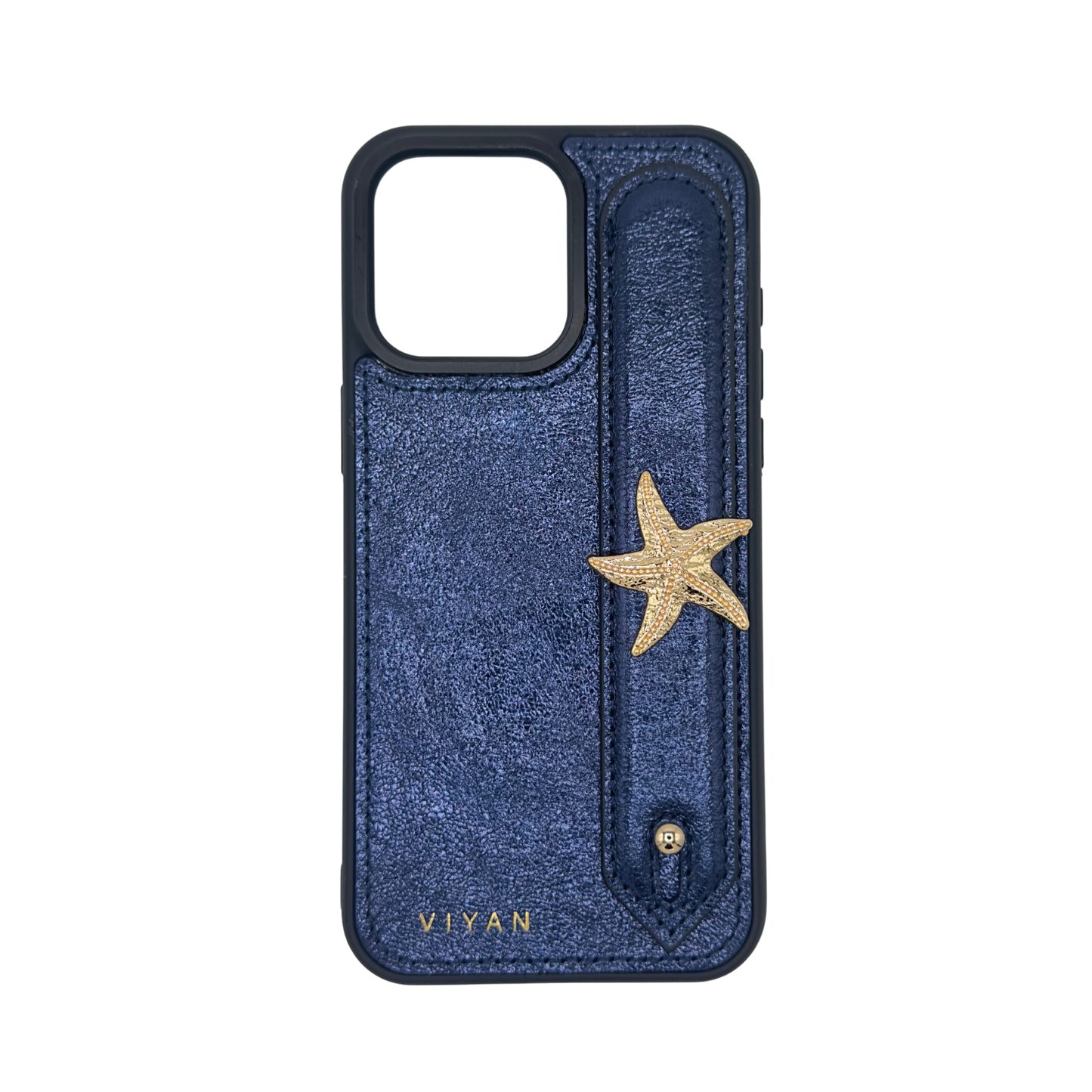 Gold-tone starfish charm on a Navy VIYAN leather iPhone case, shown from the front #gold