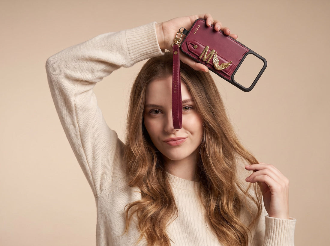 VIYAN genuine leather iPhone case with gold letter and symbol charms, a personalized holiday gift