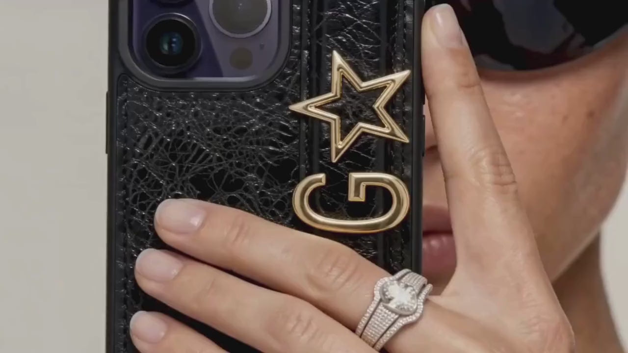 VIYAN personalized genuine leather iPhone cases with gold letter and symbol charms — designed in New York, handcrafted in Türkiye.