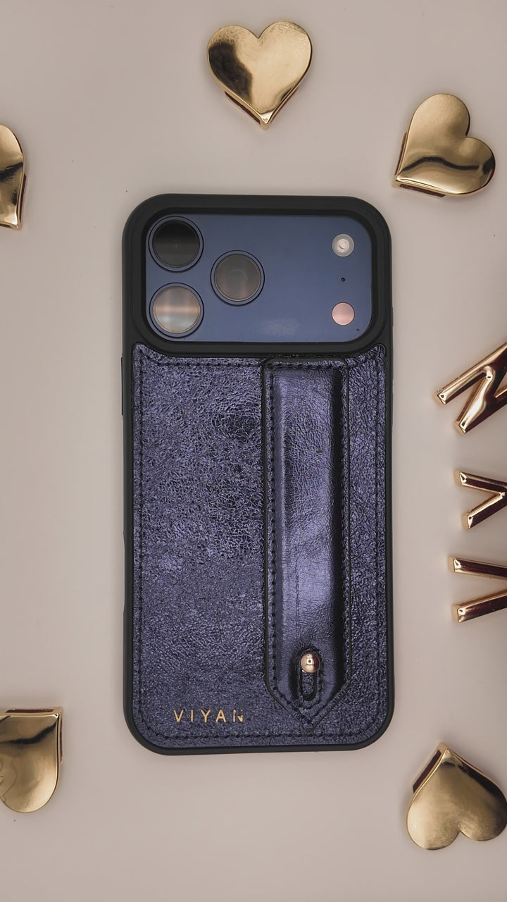 Personalized leather iPhone 17 Pro Max case — choose letter and symbol charms, two free. Genuine leather, soft-touch lining. Free US shipping over $70.