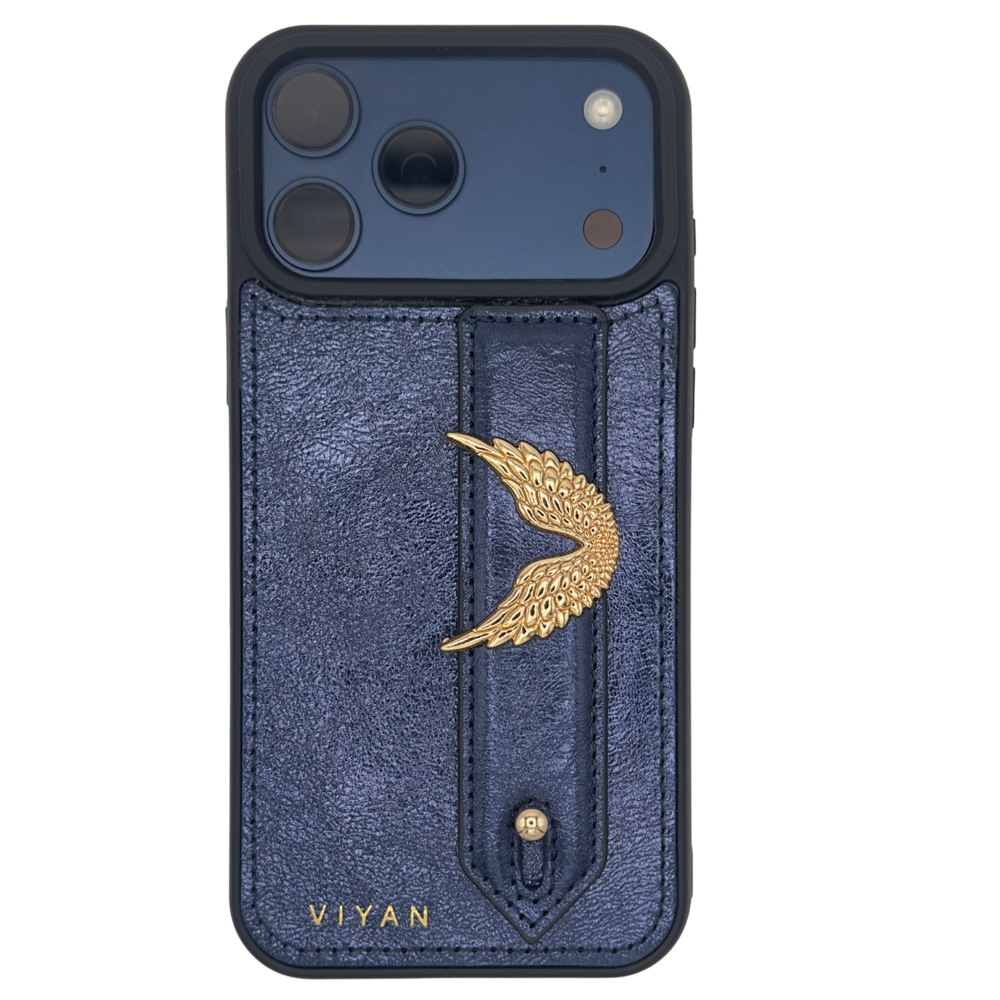 Gold-tone angel wing charm on a Navy VIYAN leather iPhone case, shown at an angle #gold