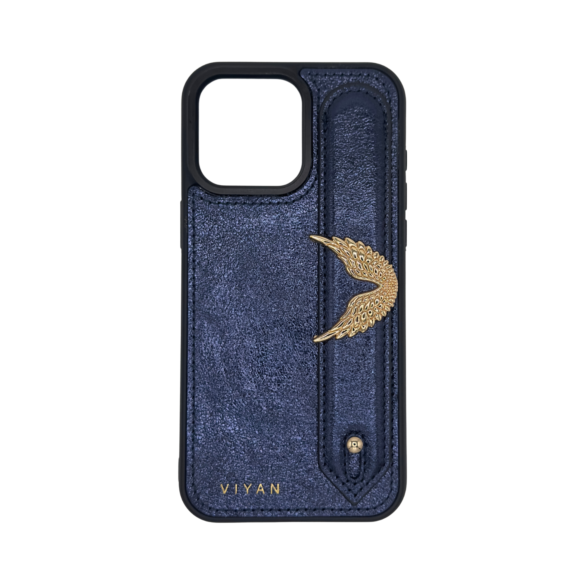 Gold-tone angel wing charm on a Navy VIYAN leather iPhone case, shown from the front #gold