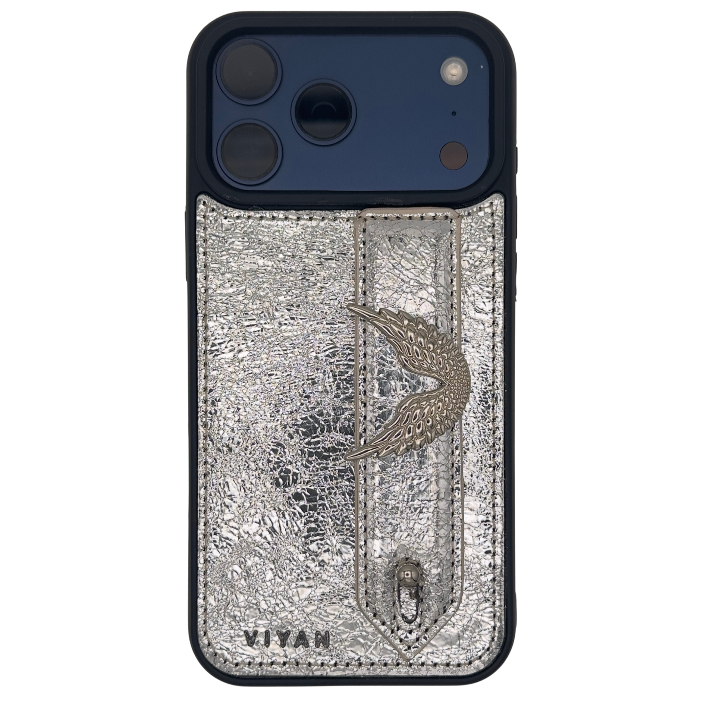 Silver-tone angel wing charm on a Silver VIYAN leather iPhone case, shown at an angle #silver