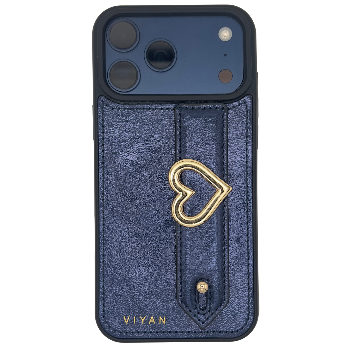 Gold-tone blank heart charm on a Navy VIYAN leather iPhone case, shown at an angle #gold