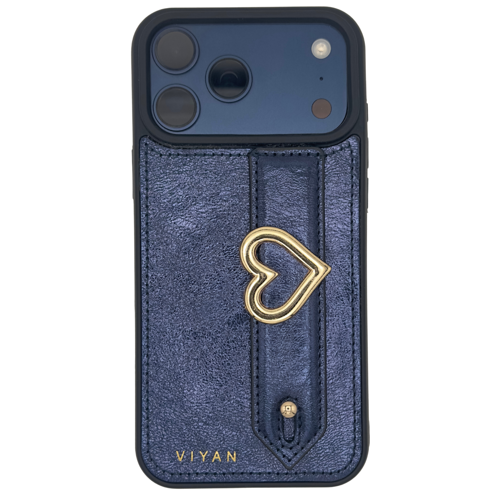 Gold-tone blank heart charm on a Navy VIYAN leather iPhone case, shown at an angle #gold