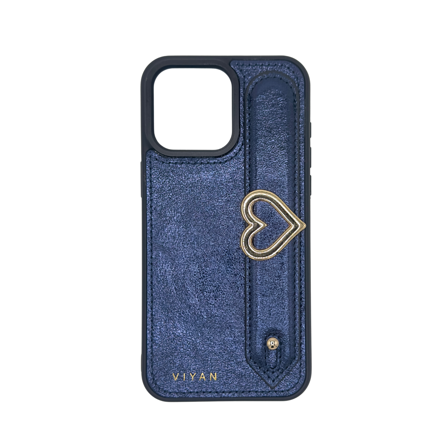Gold-tone blank heart charm on a Navy VIYAN leather iPhone case, shown from the front #gold