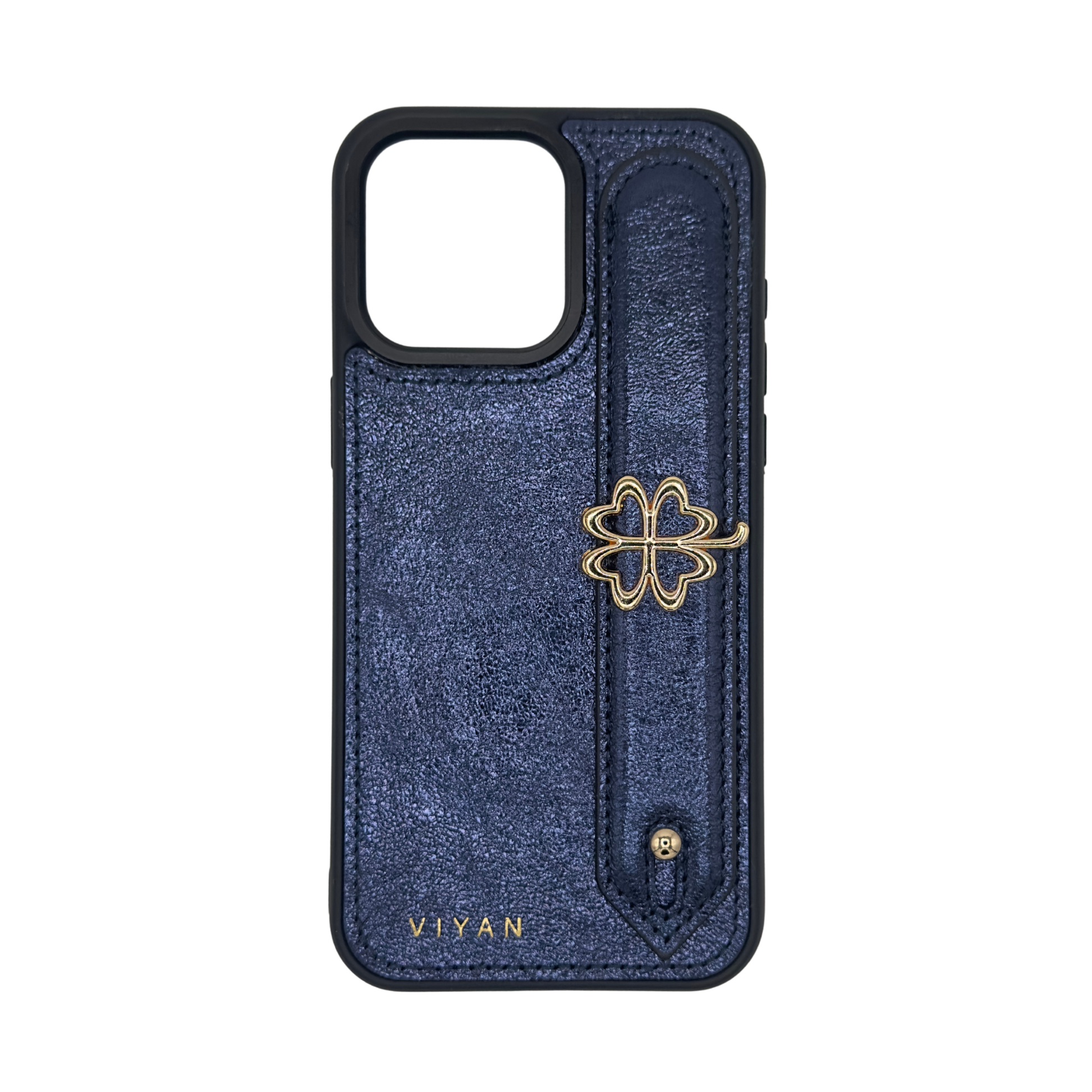 Gold-tone clover charm on a Navy VIYAN leather iPhone case, shown from the front #gold