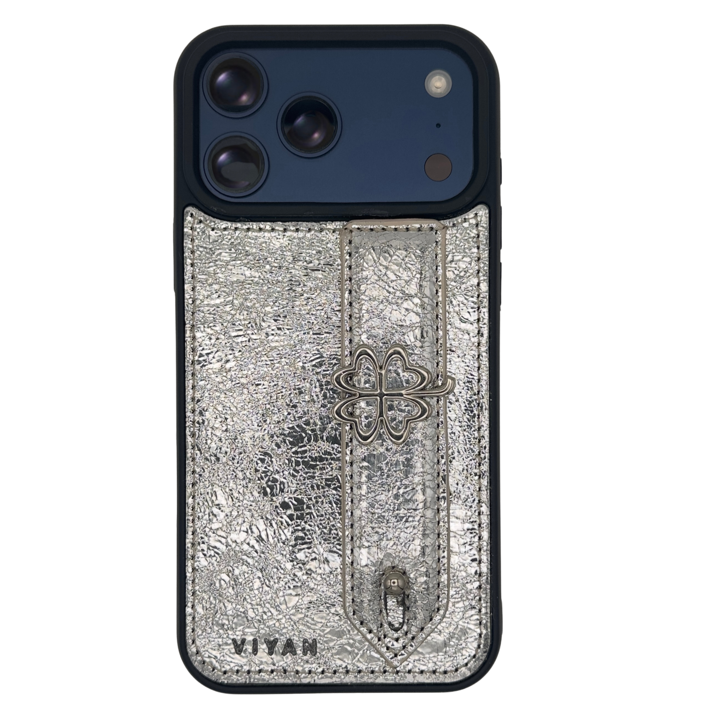 Silver-tone clover charm on a Silver VIYAN leather iPhone case, shown at an angle #silver