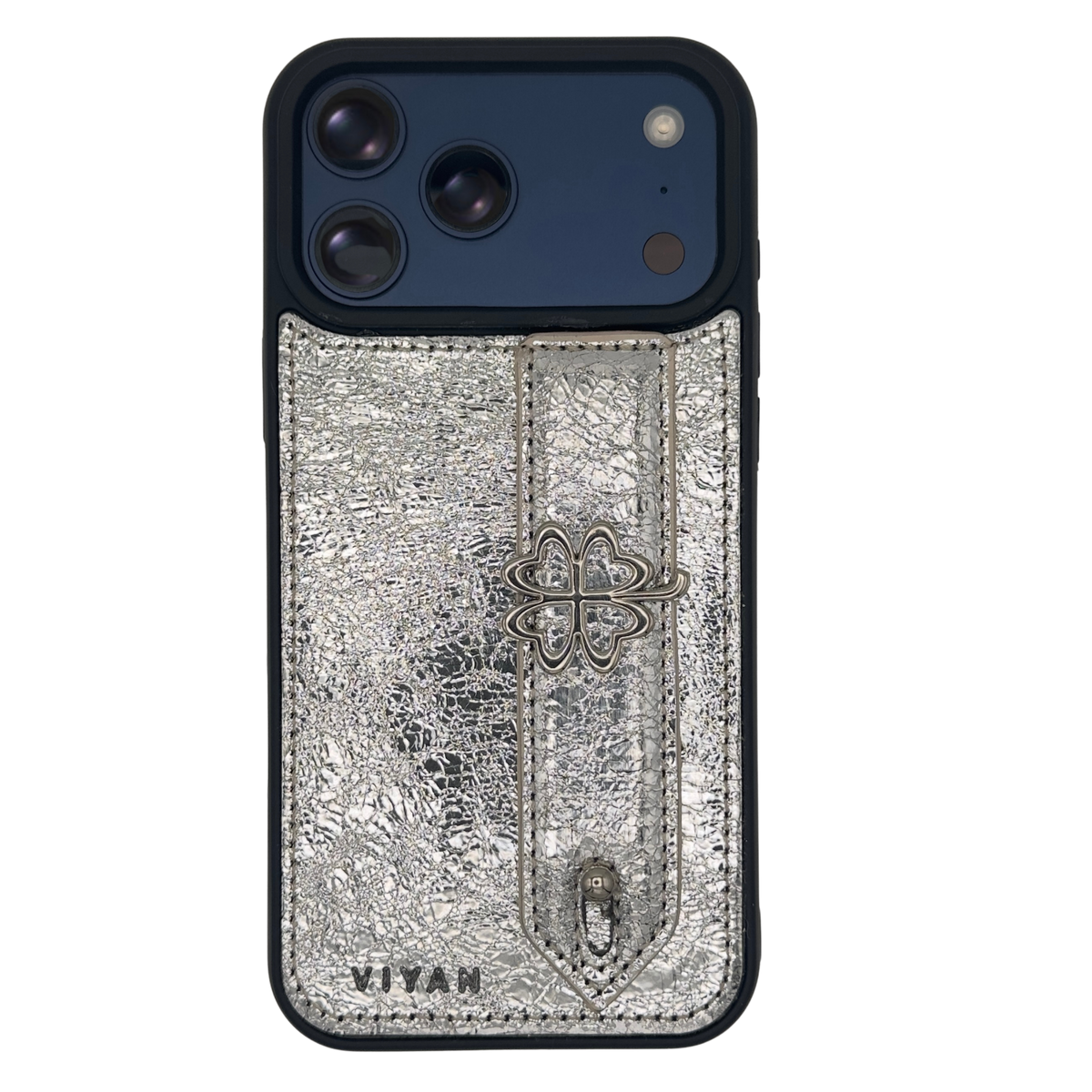 Silver clover charm on a Silver VIYAN leather iPhone case, shown at an angle #silver