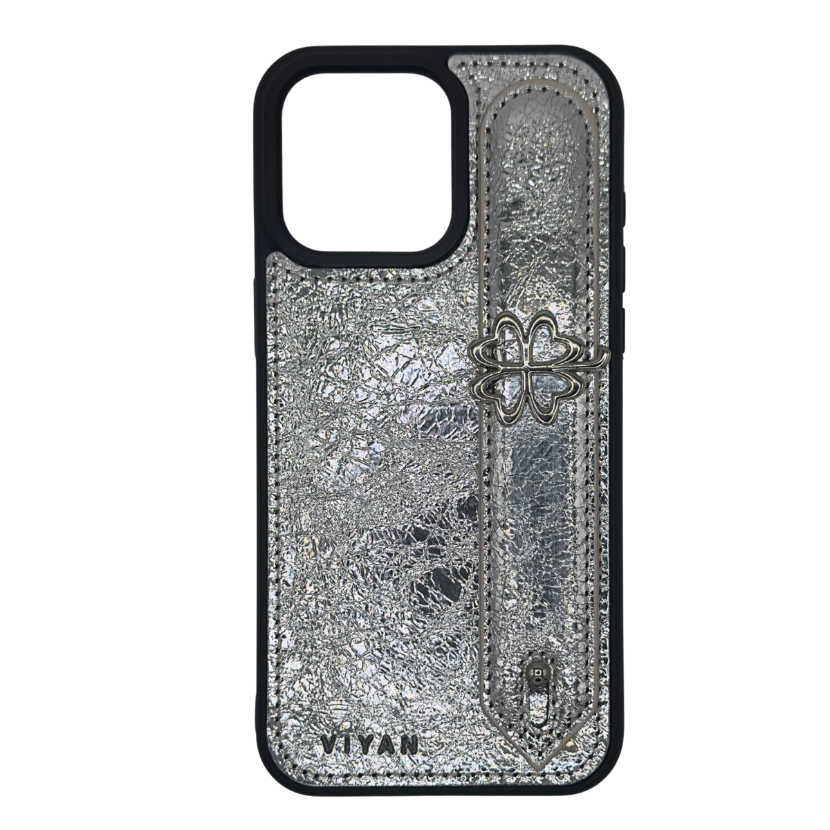 Silver clover charm on a Silver VIYAN leather iPhone case, shown from the front #silver