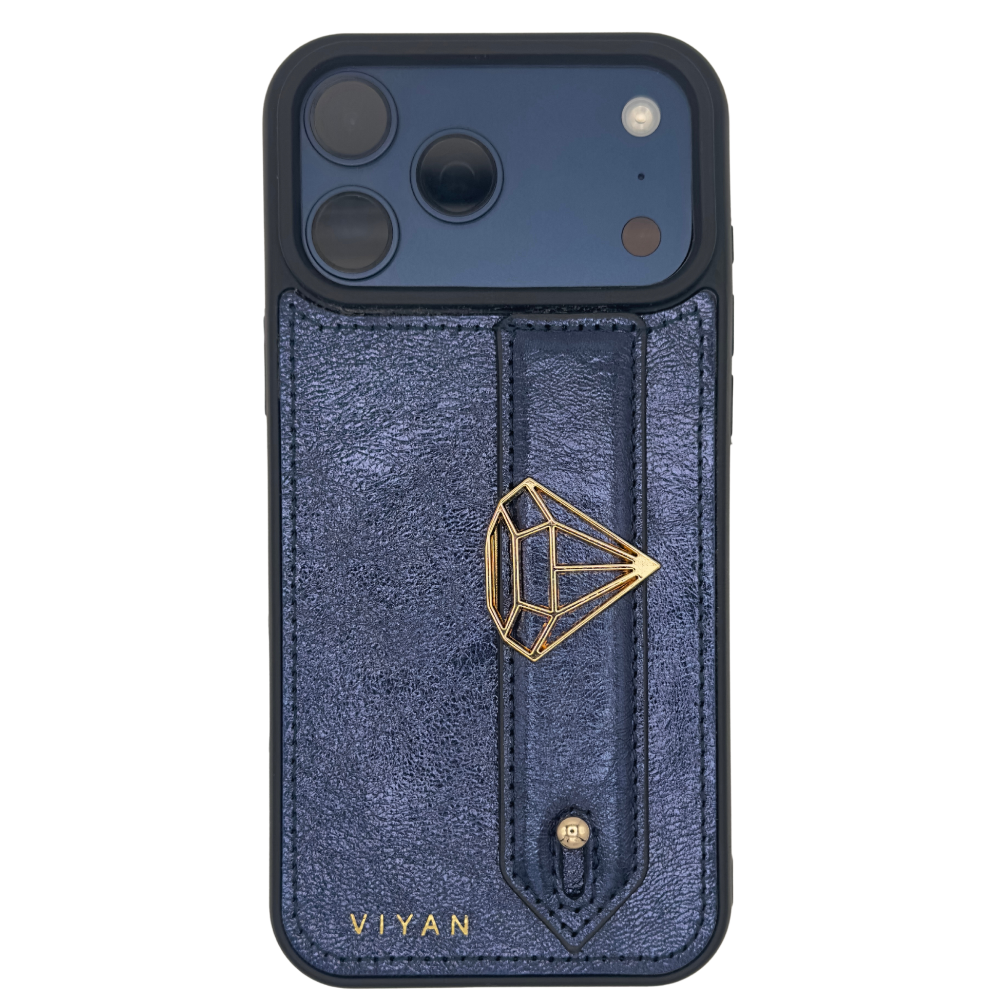 Gold-tone diamond charm on a Navy VIYAN leather iPhone case, shown at an angle #gold
