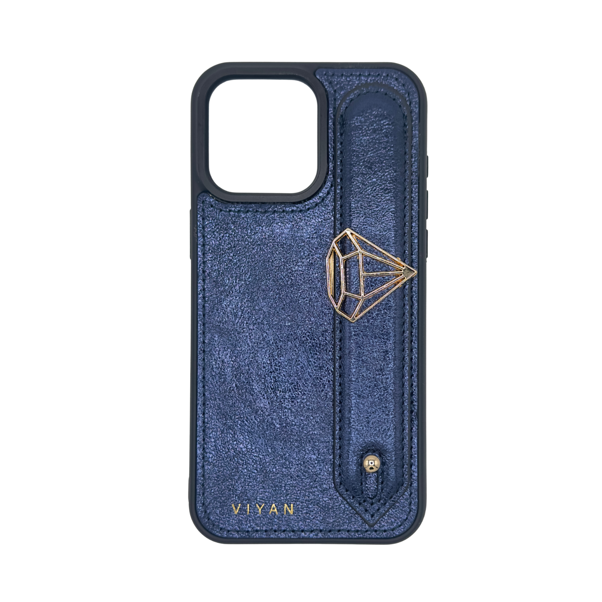 Gold-tone diamond charm on a Navy VIYAN leather iPhone case, shown from the front #gold