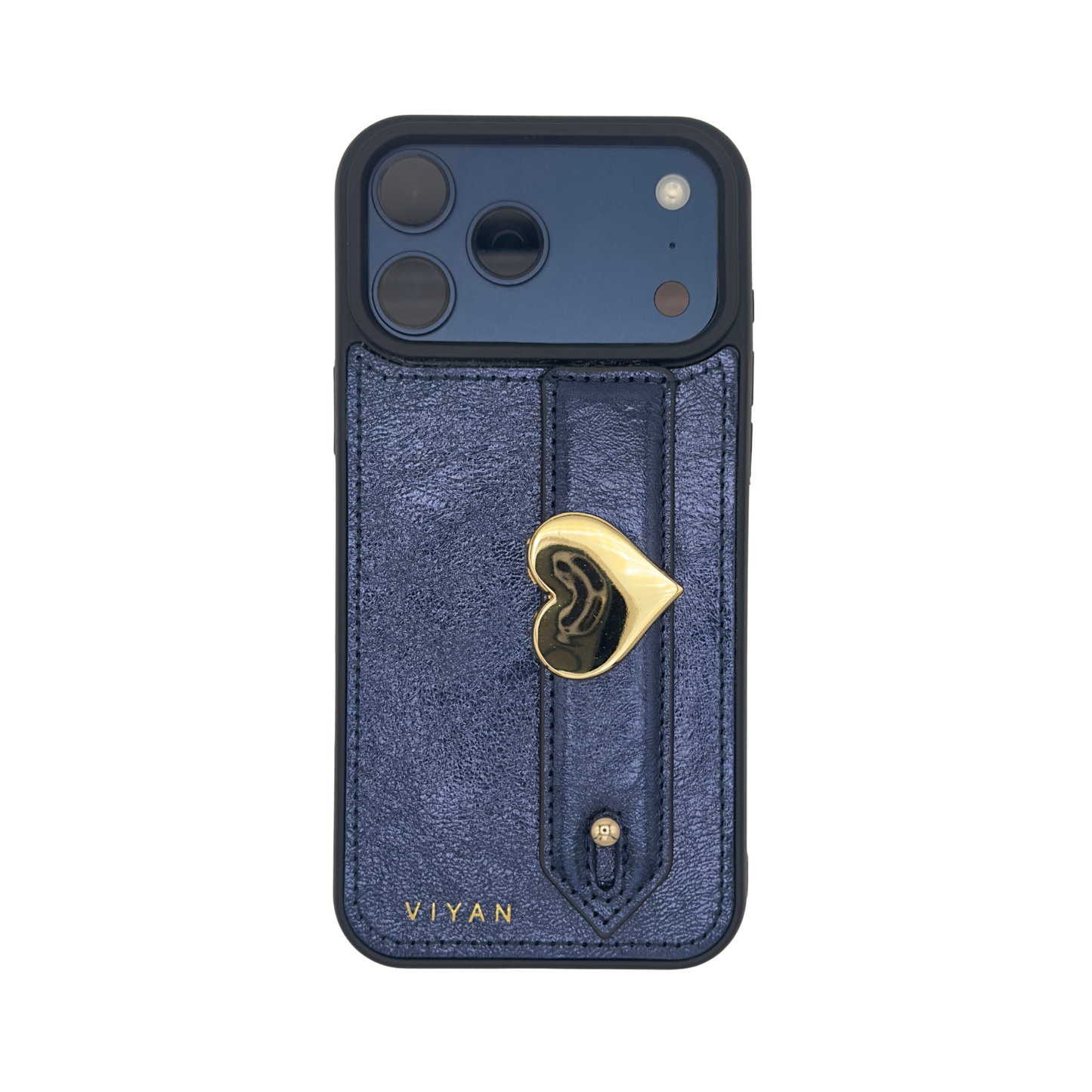 Gold-tone heart charm on a Navy VIYAN leather iPhone case, shown at an angle #gold