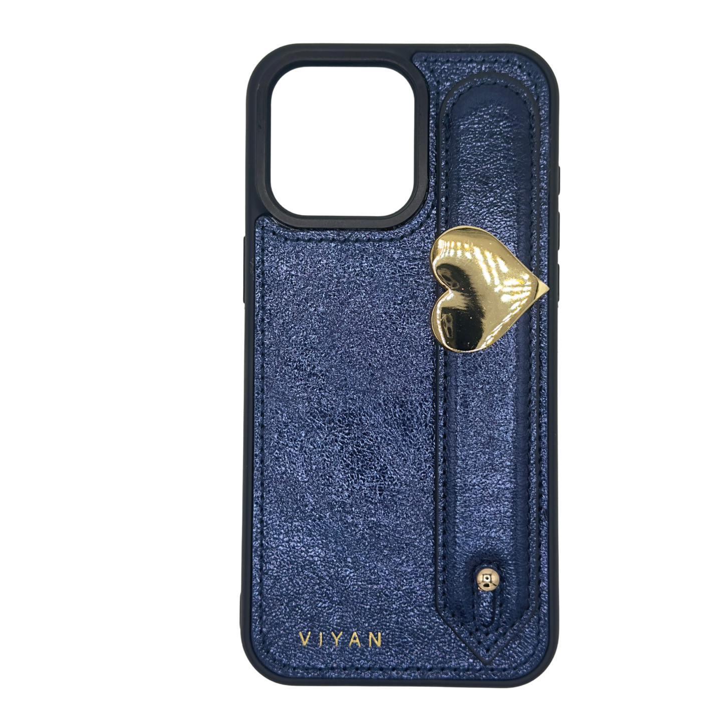 Gold-tone heart charm on a Navy VIYAN leather iPhone case, shown from the front #gold