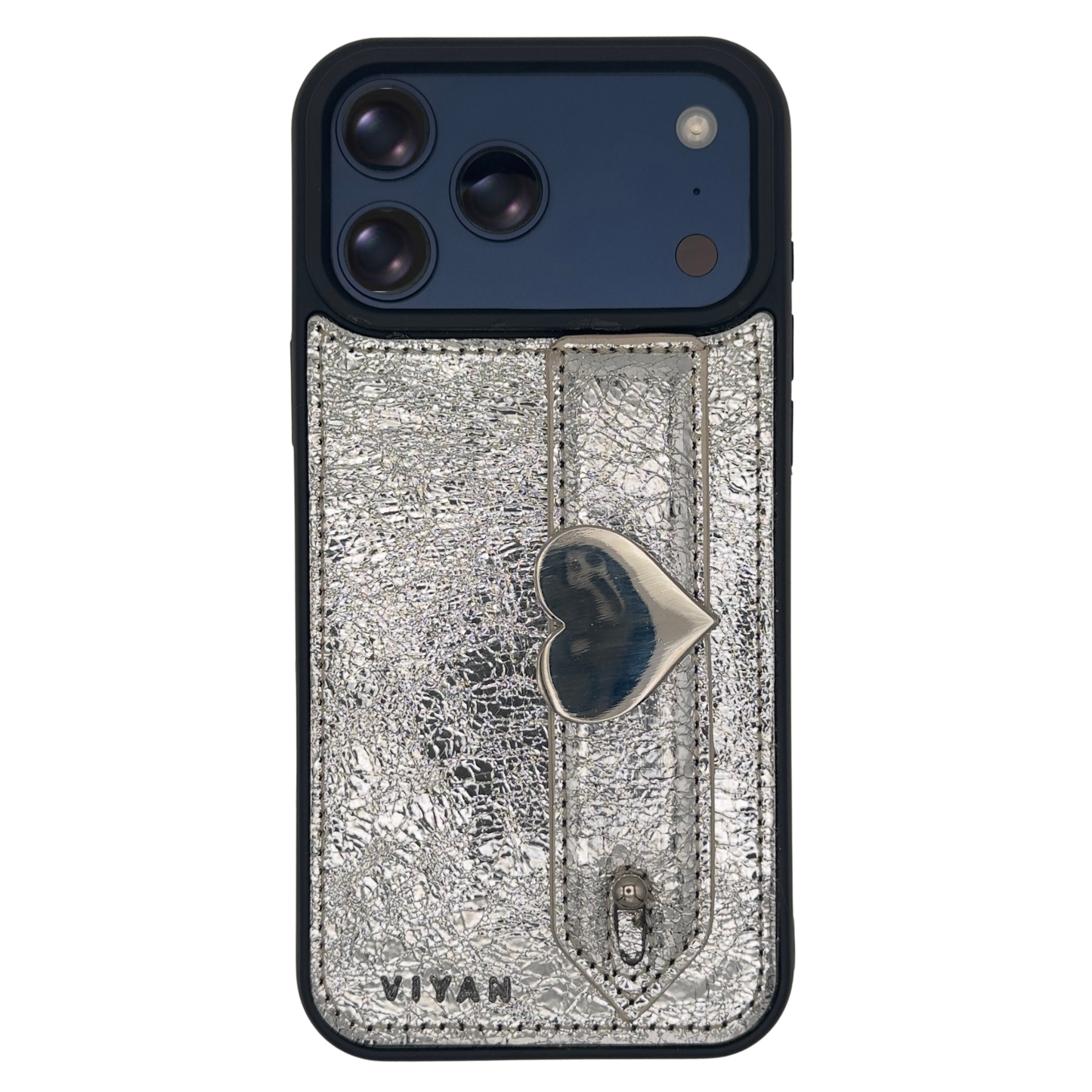Silver-tone heart charm on a Silver VIYAN leather iPhone case, shown at an angle #silver