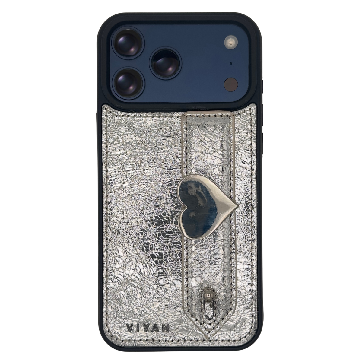 Silver heart charm on a Silver VIYAN leather iPhone case, shown at an angle #silver