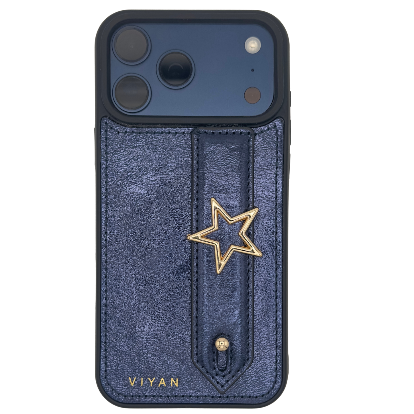 Gold-tone star charm on a Navy VIYAN leather iPhone case, shown at an angle #gold