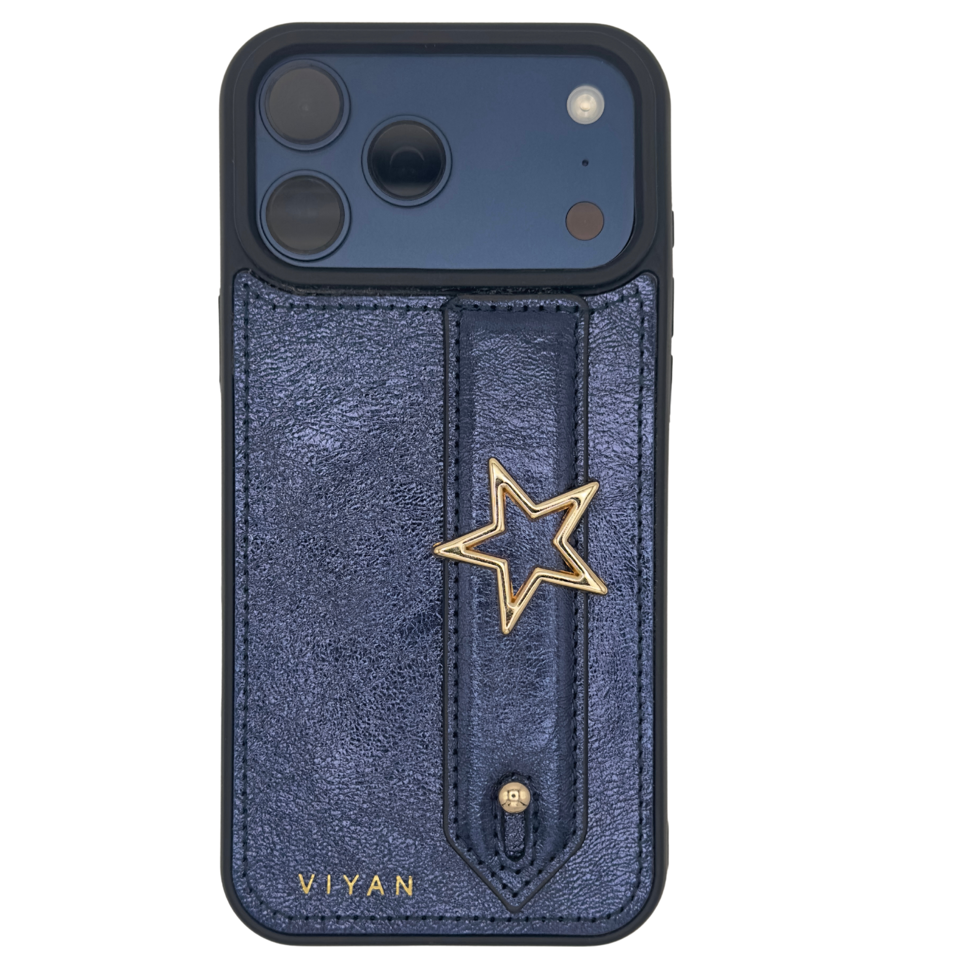 Gold-tone star charm on a Navy VIYAN leather iPhone case, shown at an angle #gold