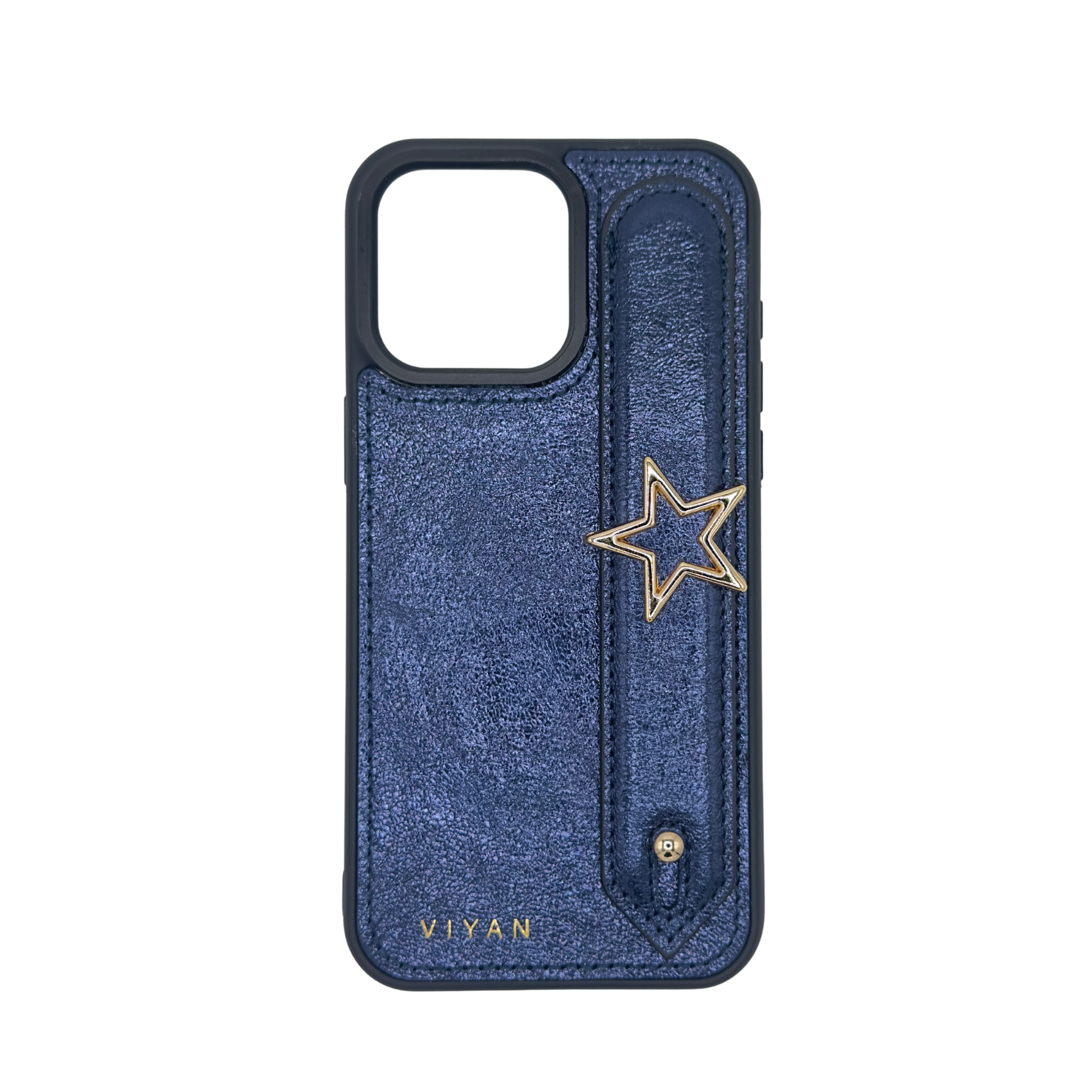 Gold-tone star charm on a Navy VIYAN leather iPhone case, shown from the front #gold