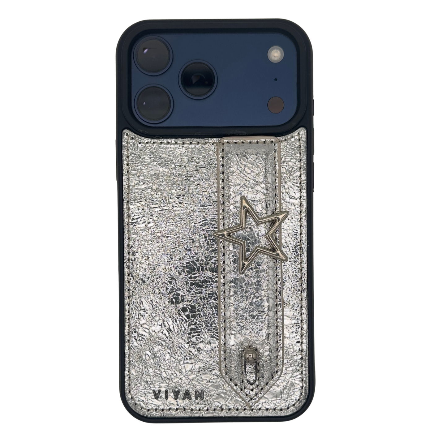 Silver-tone star charm on a Silver VIYAN leather iPhone case, shown at an angle #silver