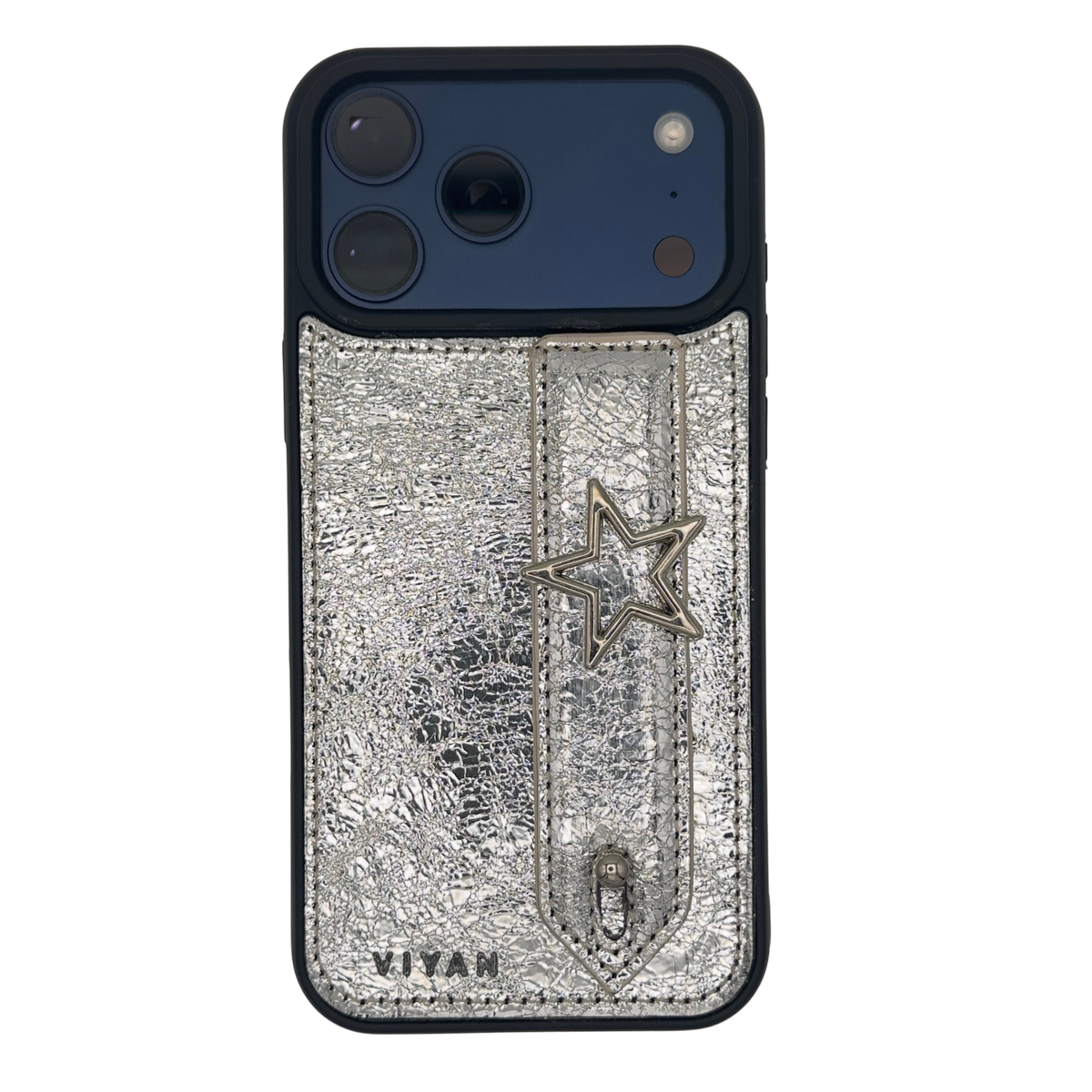 Silver star charm on a Silver VIYAN leather iPhone case, shown at an angle #silver