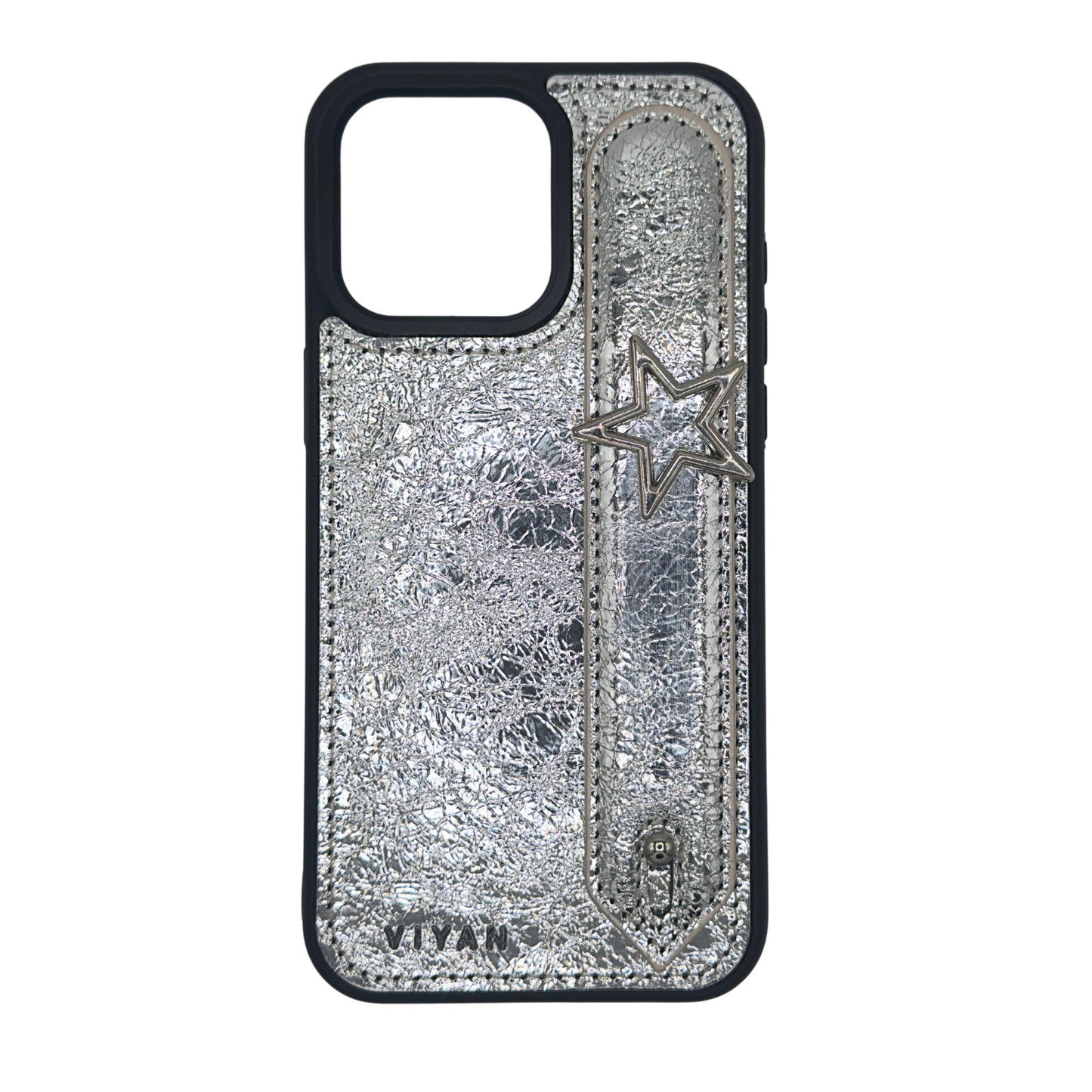 Silver-tone star charm on a Silver VIYAN leather iPhone case, shown from the front #silver