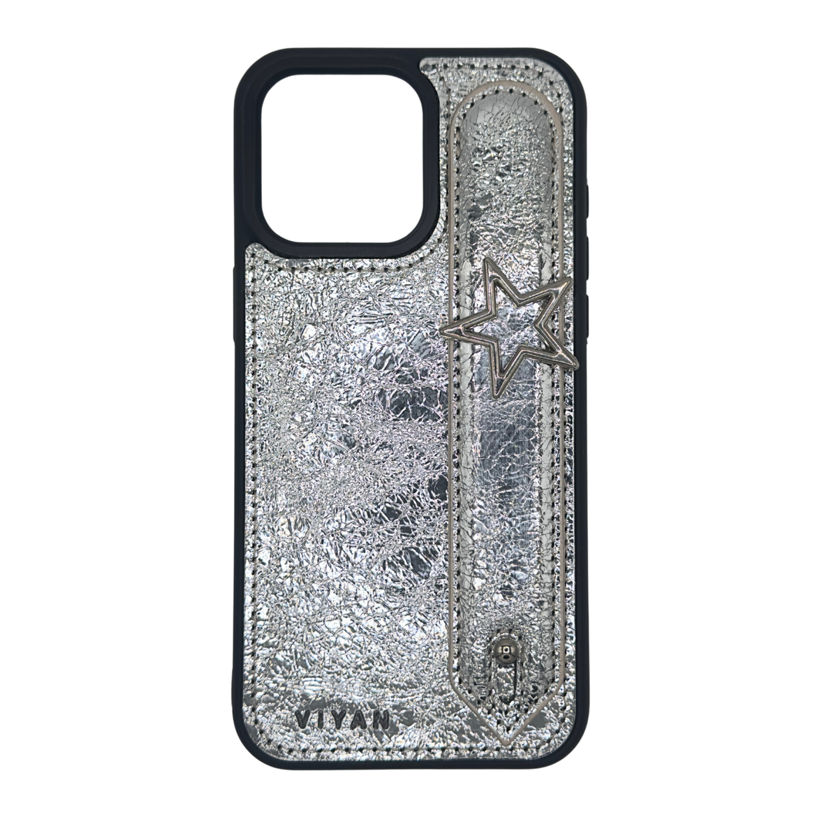 Silver star charm on a Silver VIYAN leather iPhone case, shown from the front #silver