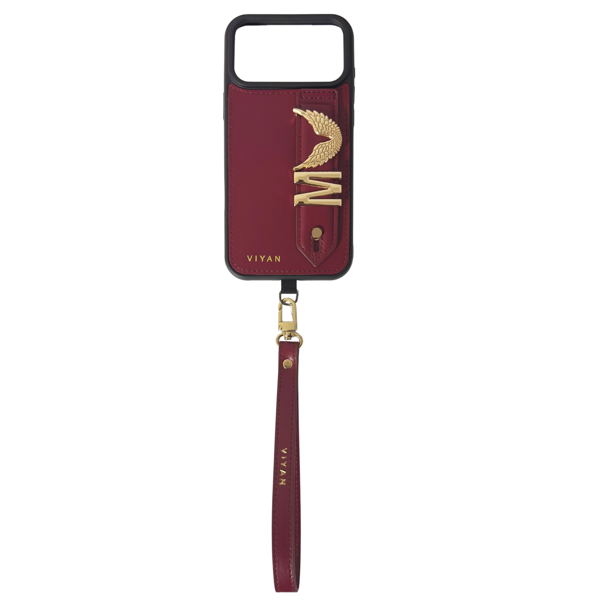 Burgundy leather wrist strap clipped to a VIYAN case #burgundy
